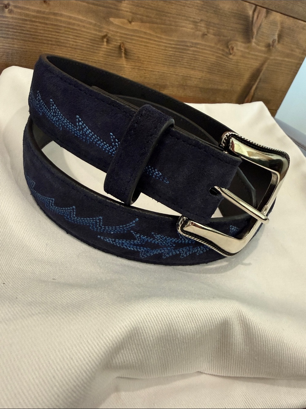 Suede Navy Blue Women's Belt with Decorative Stitching